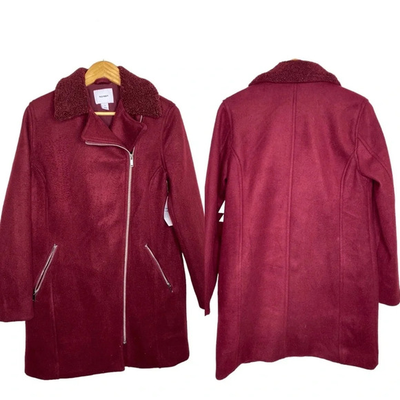 ✨NWT Old Navy Wine Red Long Brushed Felt Sherpa Collar Moto Jacket Coat Medium - Picture 2 of 12